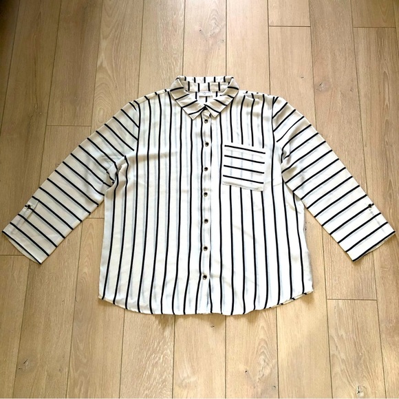 Jacqueline de Yong by Only Cream & Navy Striped Shirt Size 40 Small - Picture 2 of 13